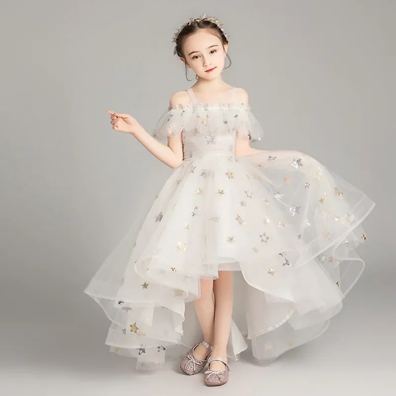 Children\'s Yarn Dress Princess Party Evening Dresses Girls Star Shoulderless Host Piano Performance Dress Kids Wedding Vestidos