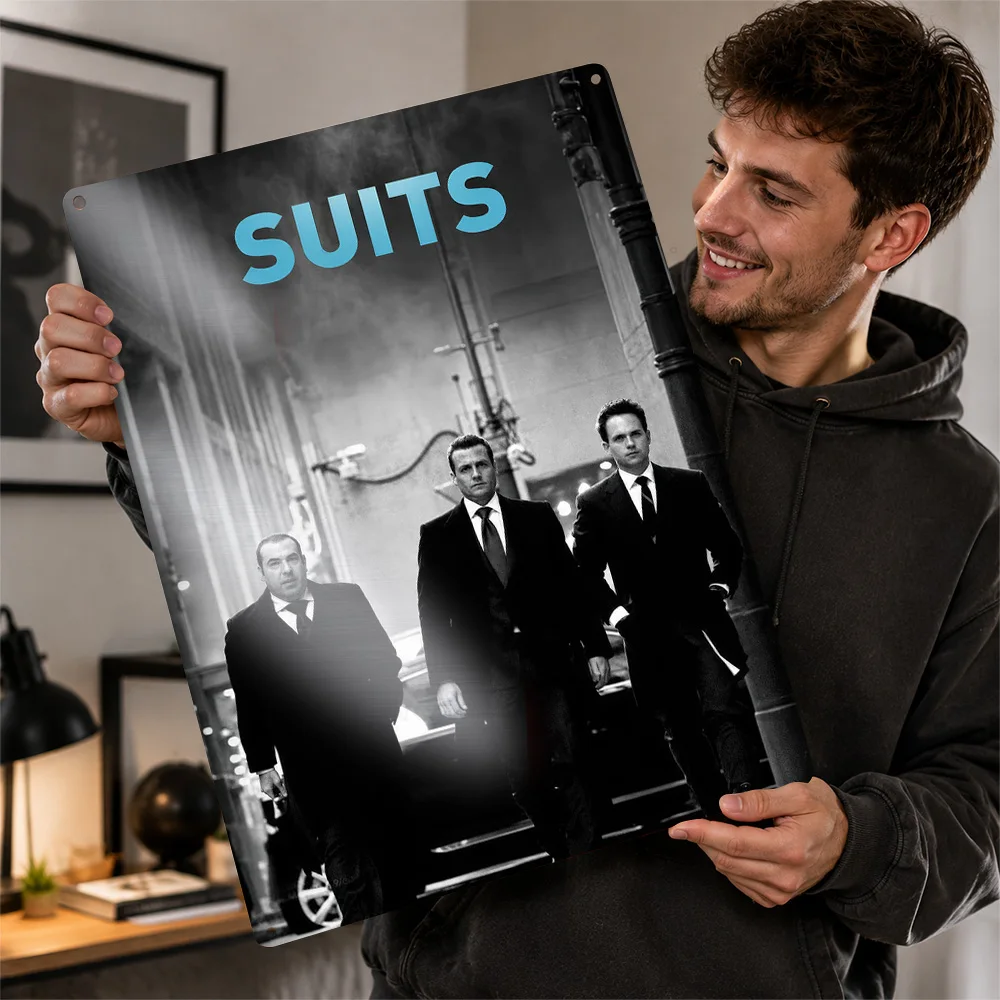 Suits TV Show 3D Printed Texture Poster Personalized Wall Art Retro Metal Tin Signs for Vintage Decor Room Article Decoration