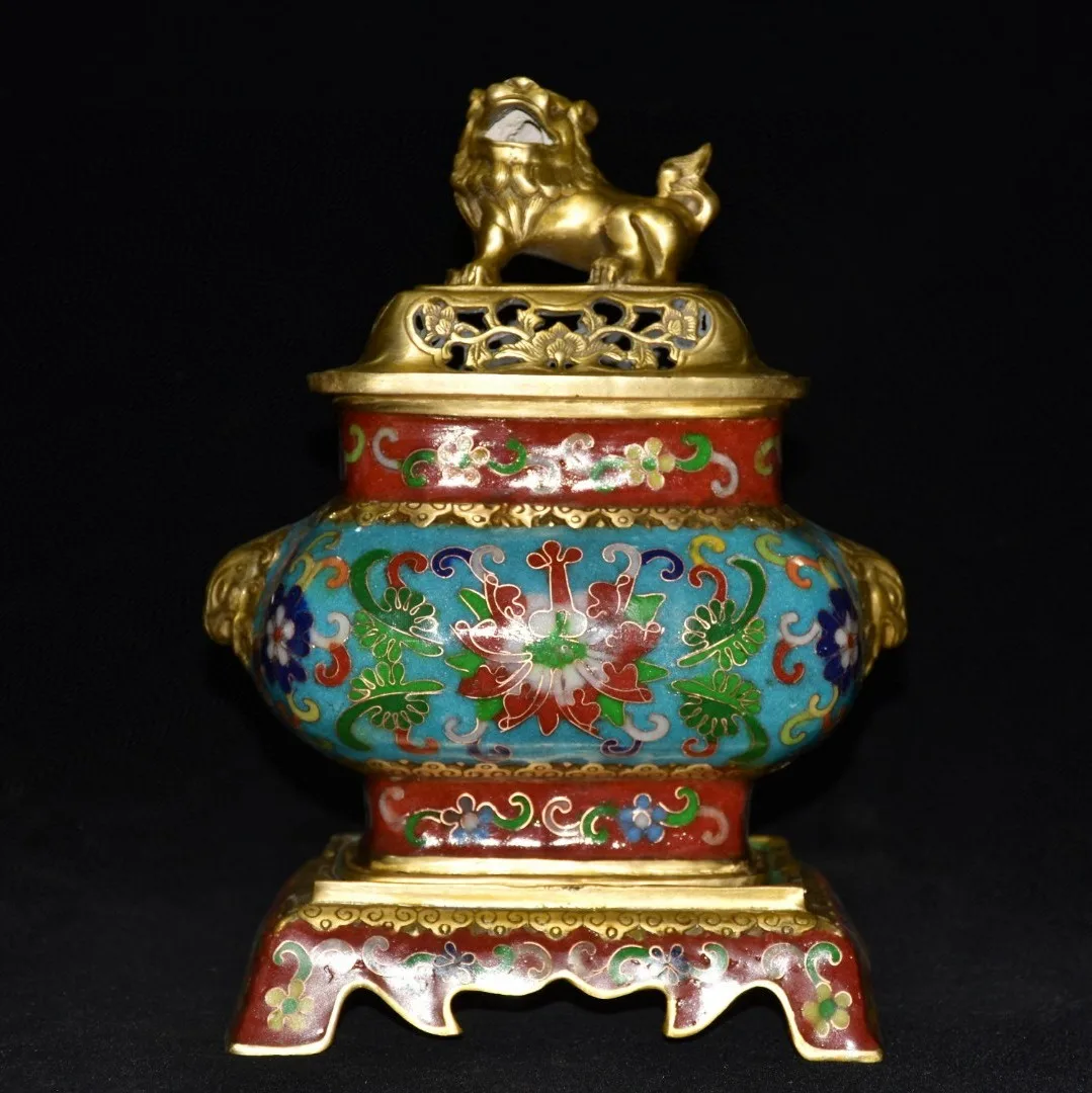 Rare  old Handmade Copper-bodied enamelware with hand-tied wire for three-body rectangular incense burner statue
