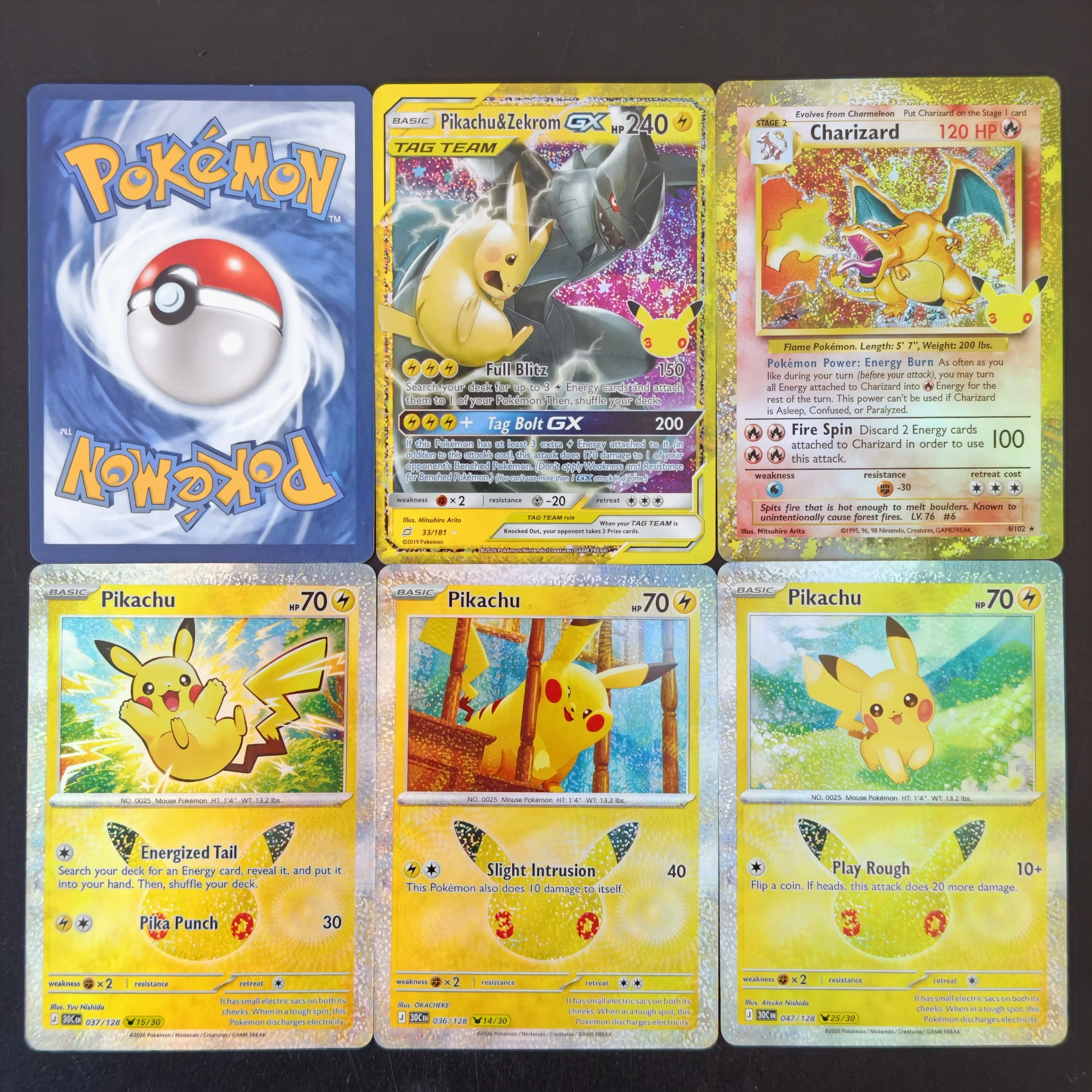 5 Stück Proxy TCG Karte PKM 30. Jubiläum Vollfarbige Rainbow Holo Karte Charizard Klassisches Spiel Selbstgemachte Einzelkarte