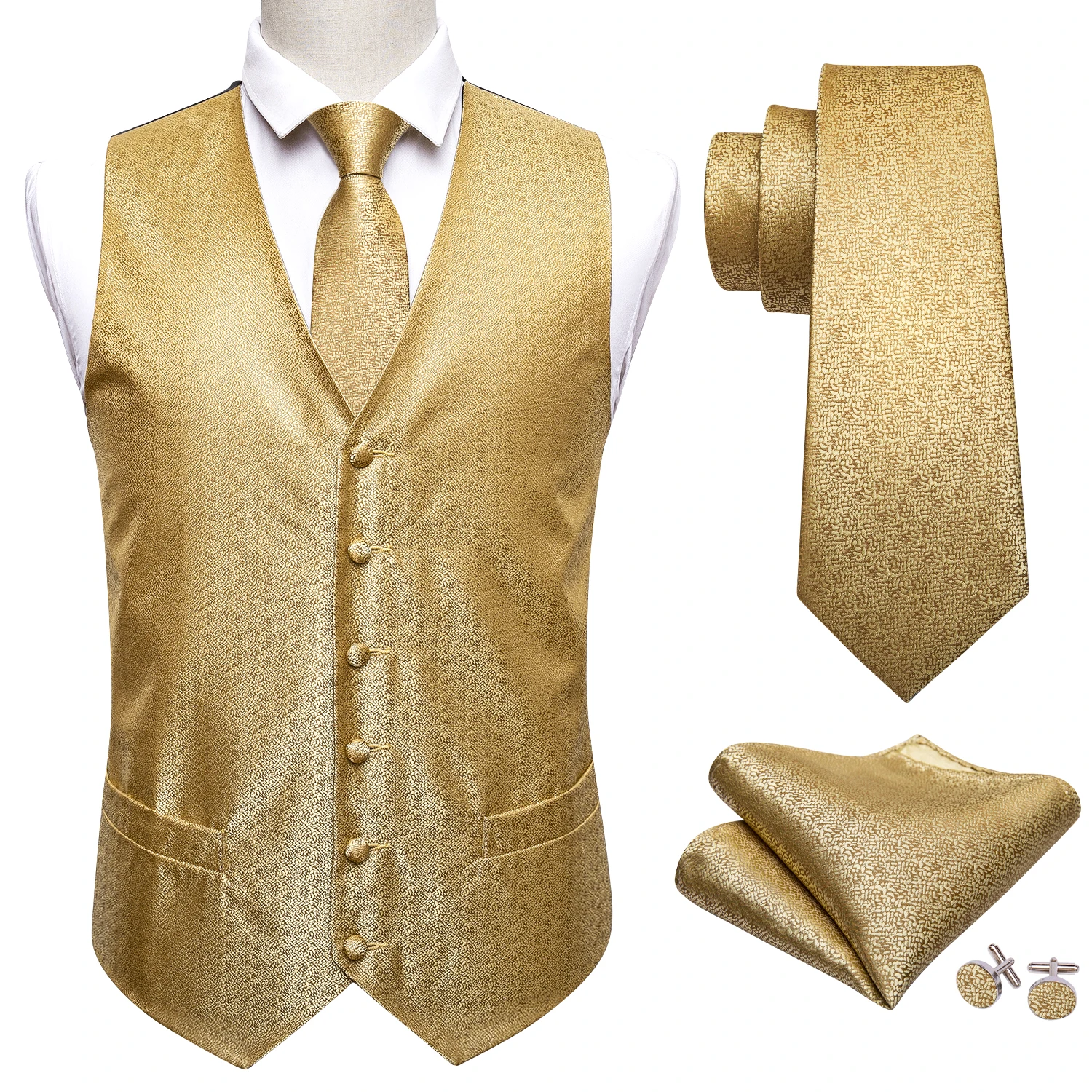 Luxury Vest for Men Silk Solid Gold Waistcoat Tie Pocket Square Set Slim Fit Formal Male Suit Wedding Business Barry Wang