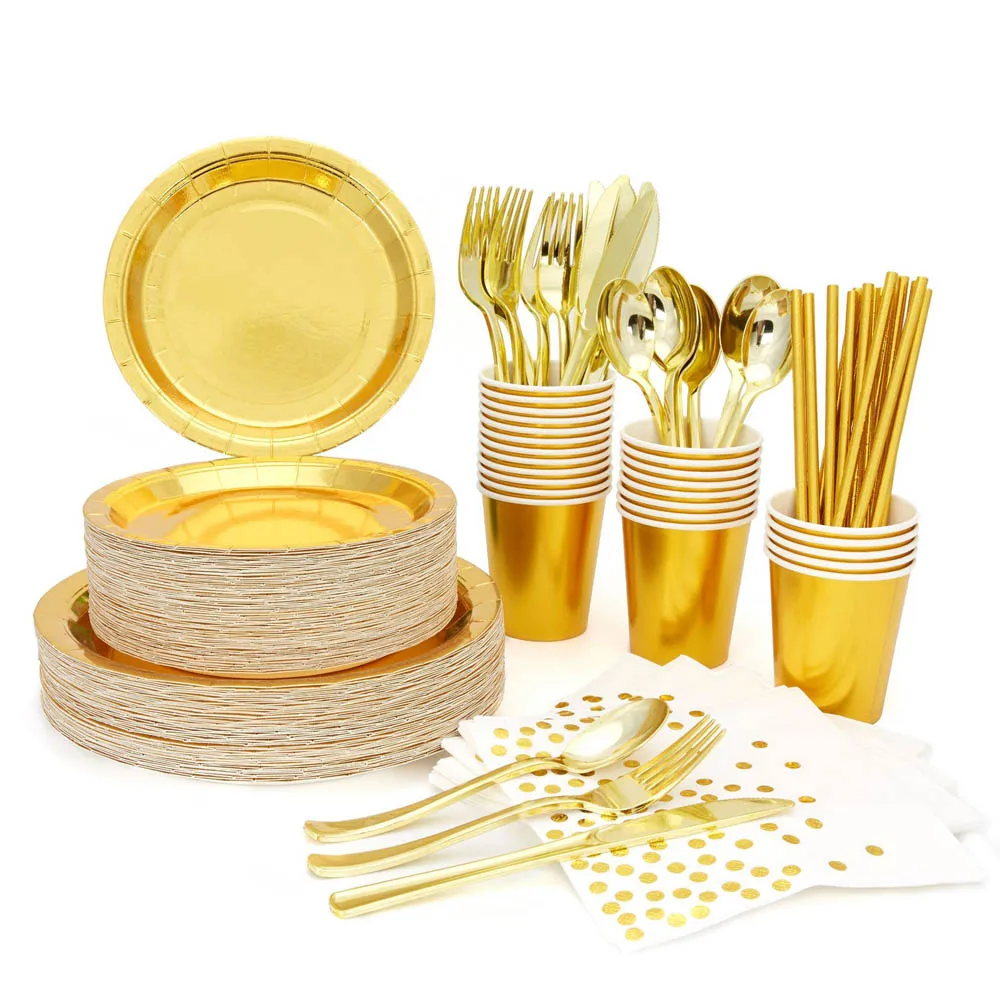 

Aluminum Film Golden Party Disposable Tableware Set Party Table Decoration Paper Cup Plate Straw Wedding Birthday Party Supplies