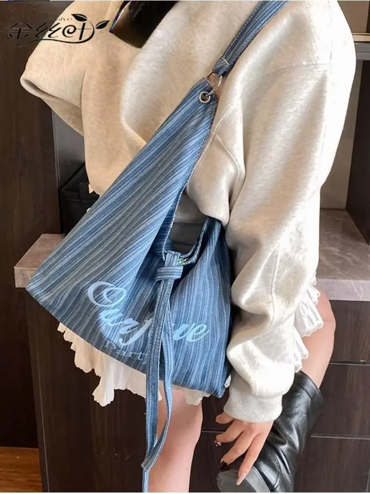 

Повседневная двусторонняя сумка через плечо большой емкости с золотым шелковым листом, большая сумка в полоску ветра, корейская минималистичная большая сумка