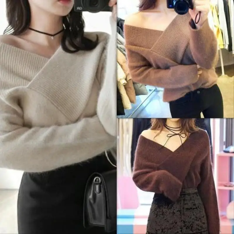 

Korean Sweater Women Sexy V-neck Off Shoulder Mink Fleece Pullover Fashion Knitted Top