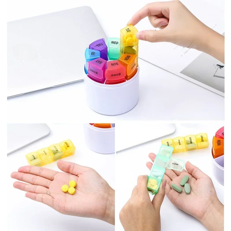 28Grids Pill Box Weekly Medicine Box Organiser Portable Colorful Round Dispensing Pill Case Set for Home Outdoor Travel