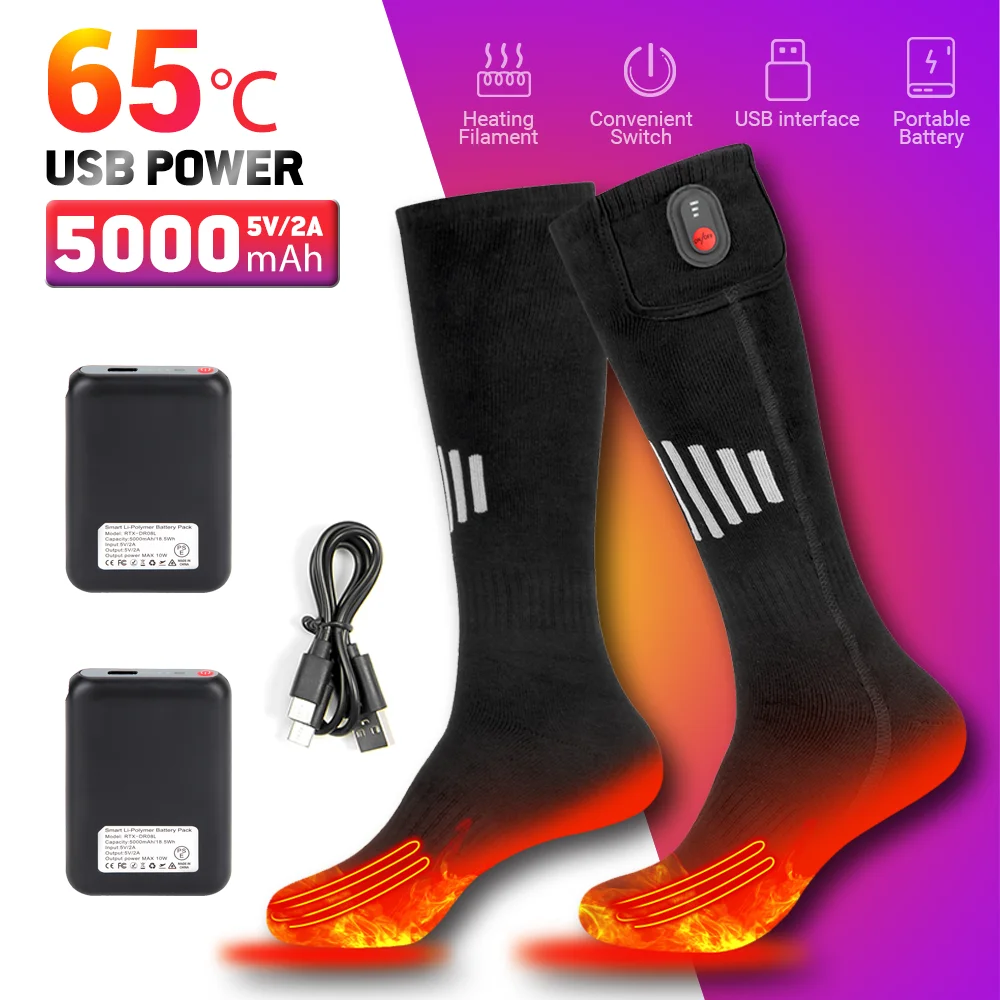 Meias aquecidas recarregáveis para motocicleta USB, aquecimento ao ar livre, esqui, snowmobile, botas de aquecimento, 5000mAh, 65 ℃, inverno