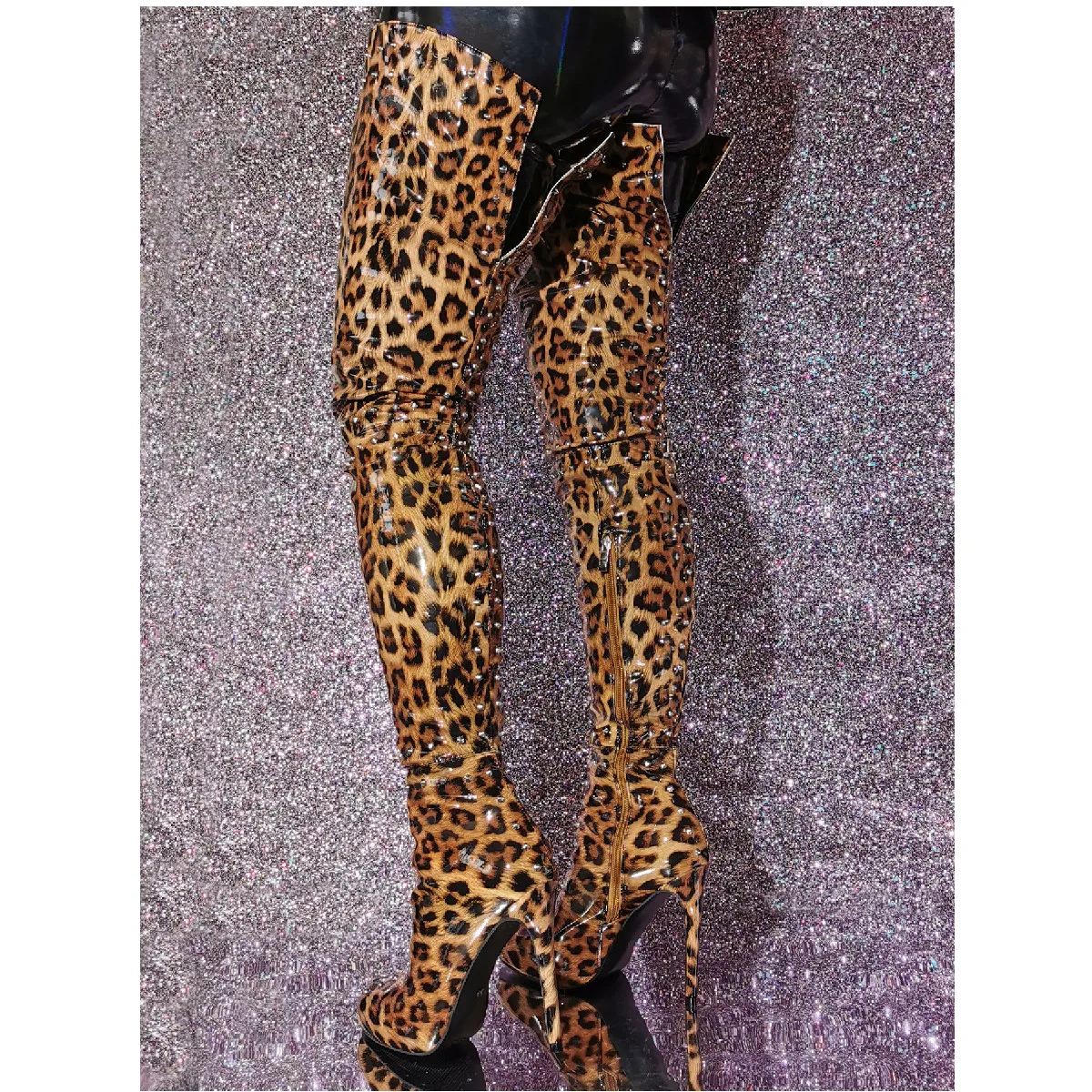 Sexy Handmade Women Thigh Crotch Boots Patent Leather Platform Thin High Heels Round Toe Leopard Club Shoes Women