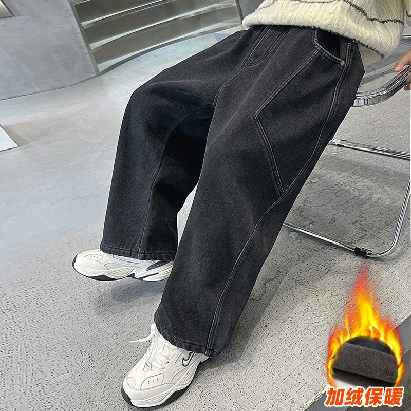 بنطلون NewBoys مبطن بالصوف لخريف وشتاء 2025 جينز سميك جديد للأطفال 4-15 سنة #3