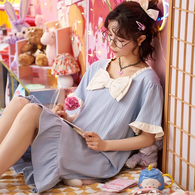 

Ночные рубашки женские дизайнерские лоскутные с бантом милые пижамы с короткими рукавами летние кавайные хлопковые пижамы в стиле принцессы модные Mujer