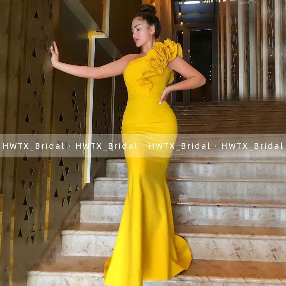 Gold Yellow Mermaid Bridesmaid Dresses With Ruffles Sleeves One Shoulder Women Long Cheap Trumpet Formal Dress Party Gown