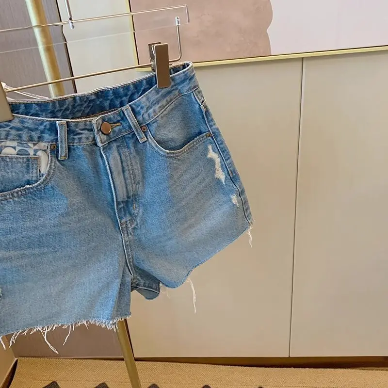 2023 sommer Neue Herz Druck Tasche Gewaschen Denim Shorts frauen Mode Lose Hohe Taille Breite Bein Shorts Ropa De mujer