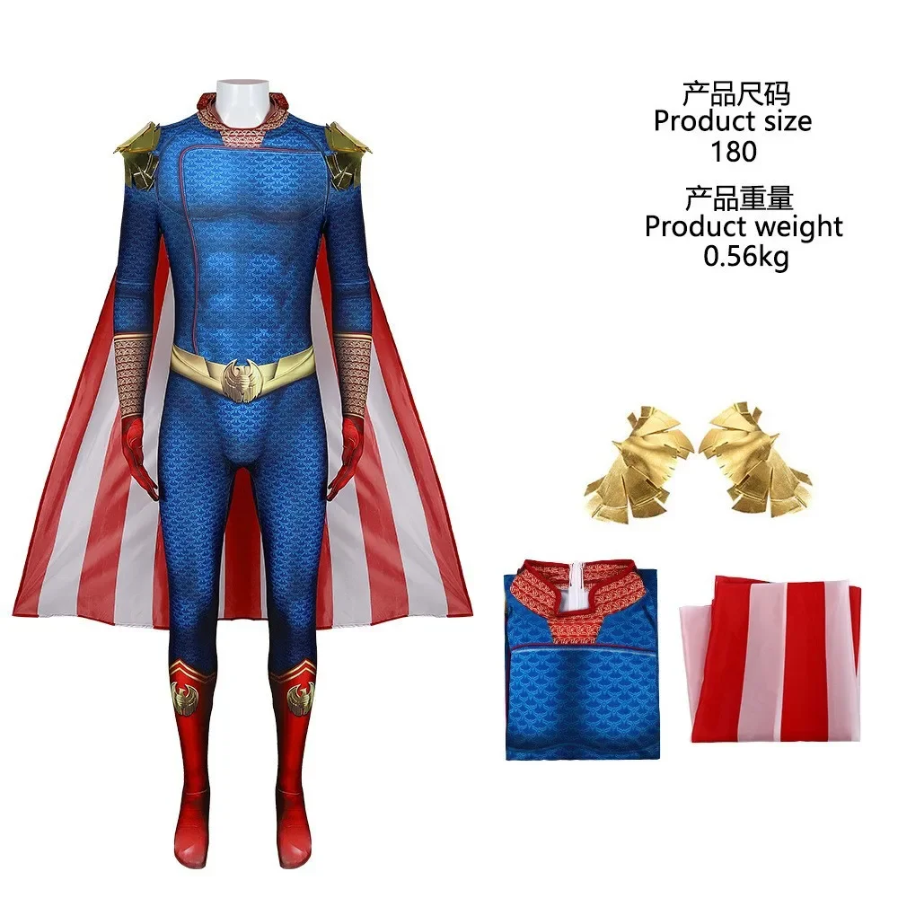 3D-gedruckter blauer Jumpsuit mit roten Handschuhen und Fußanzug, gestreiftem Umhang, Halloween-Bühnenkostüm für erwachsene Männer.