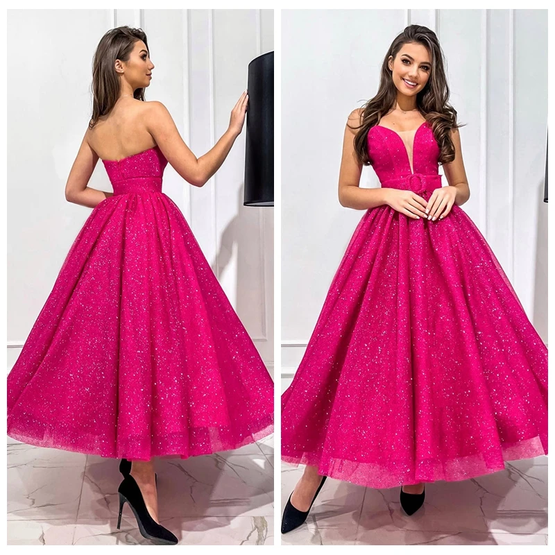 Yipeisha Sweetheart Sleeveless Fuchsia Prom Dress Glitter Tulle Puffy Homecoming Gown Short Party Dress Formal Occasion Wear