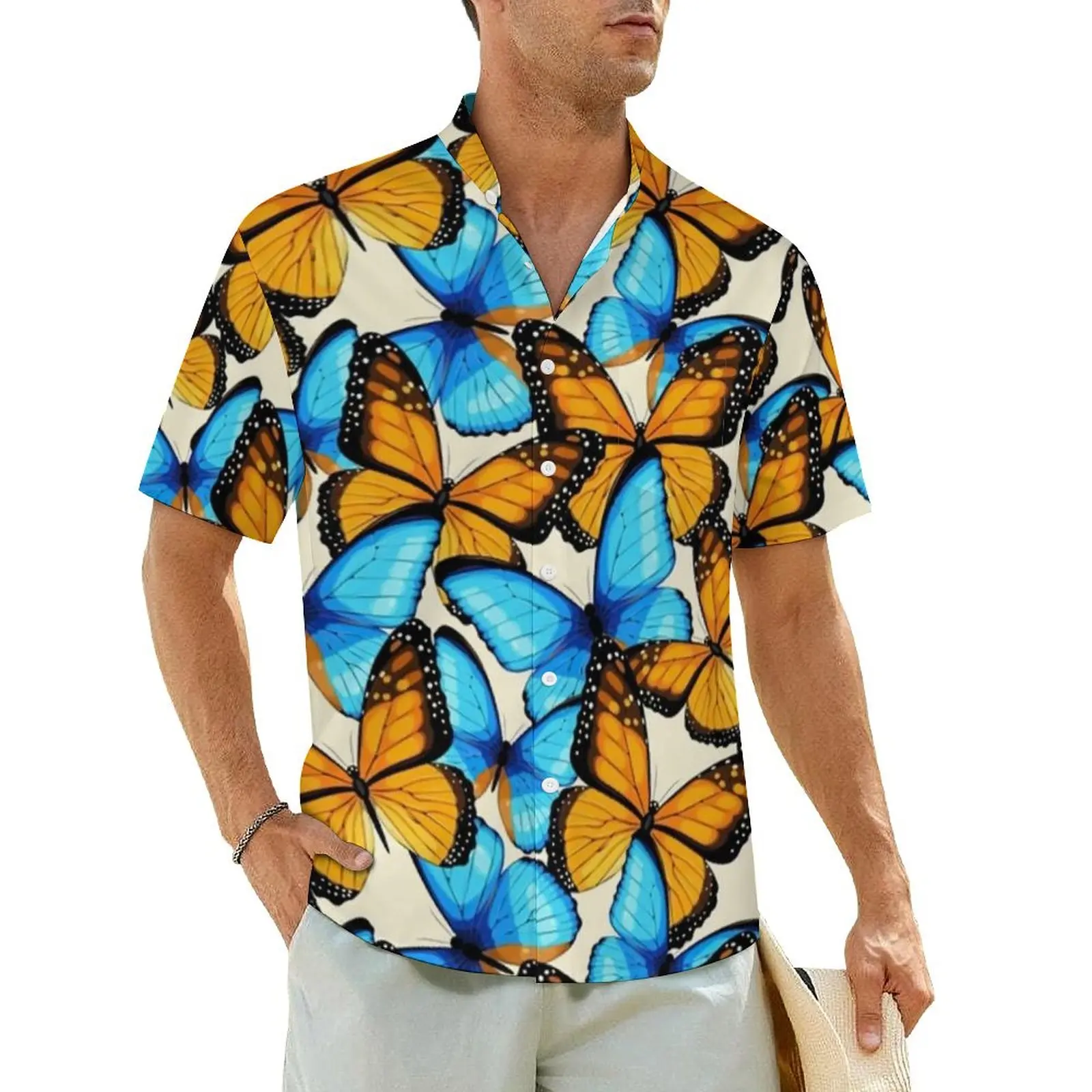 

Blue Yellow Monarch Butterfly Beach Shirt Man Butterflies Art Animal Retro Casual Shirts Hawaii Street Style Oversized Blouses