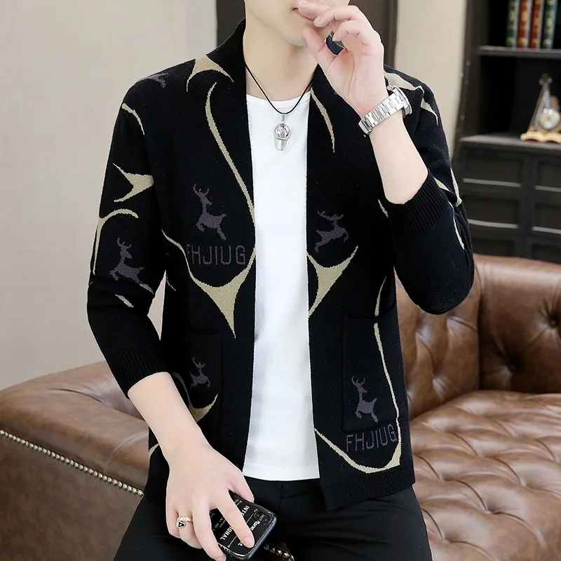 

Retro Knitted Jacquard Men's Cardigan Jackets Collarless Knitting Sweaters Coats Lightweight Outdoor Casual Cardigan Hombres