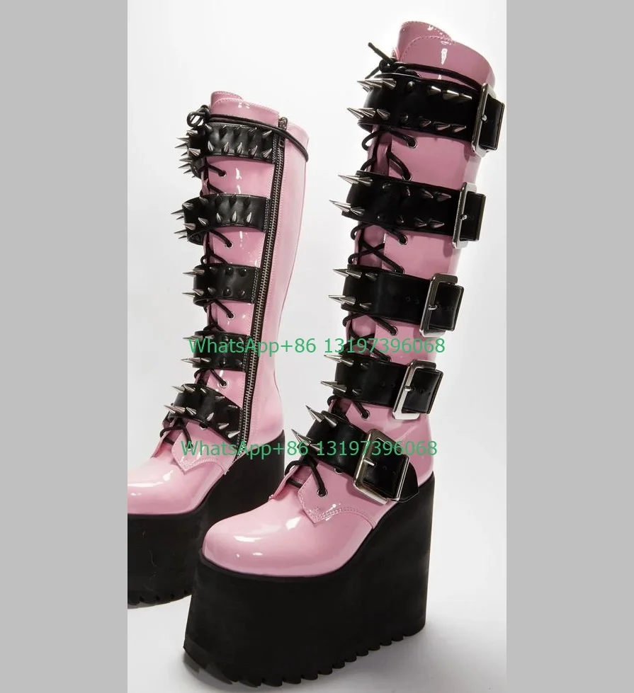 Lady pink Mary Jane stud platform Y2K deisgn boots metal lace-up calf boots PU hot pink punk style boots footwear high top boots