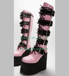 Lady pink Mary Jane stud platform Y2K deisgn boots stivali di vitello stringati in metallo PU stivali stile punk rosa caldo calzature stivali alti