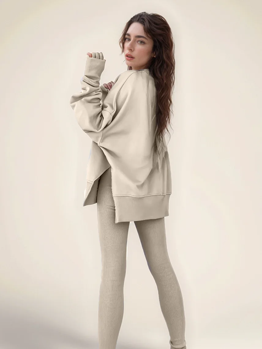 طقم مريح فضفاض بأكمام طويلة ورقبة دائرية وسروال طويل ضيق #2