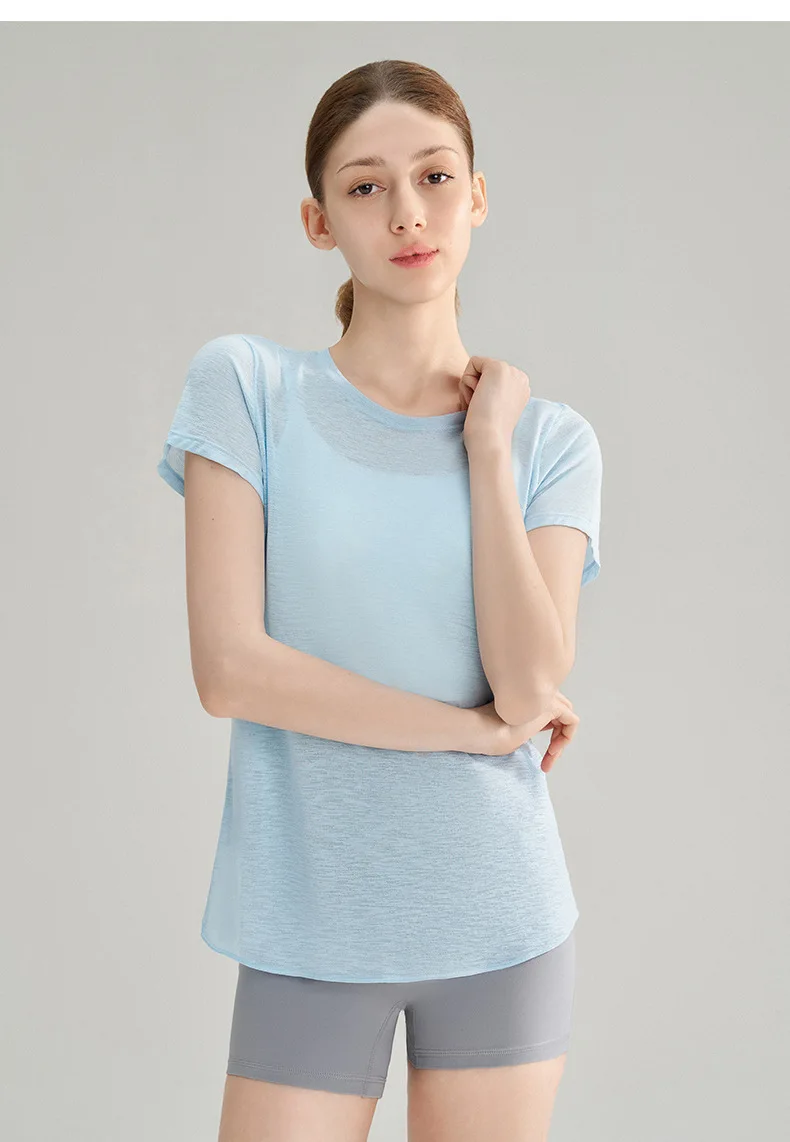 Bambusgarn-Sport-T-Shirt mit schönem Rückendesign, Yoga-Kleidung, Oberteil, schnell trocknendes Fitness-Shirt mit kurzen Ärmeln – Detail 12