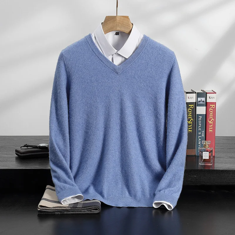 Maglione da uomo lavorato a maglia 100% cashmere Autunno e inverno Scollo a V Tinta unita Business Casual Base Maglione Abbigliamento da uomo di lusso leggero