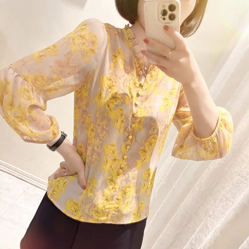 Women\'s Clothing Vintage Floral Printed Blouse 2023 Spring Autumn Long Sleeve Commute Elegant V-Neck Button Casual Spliced Shirt