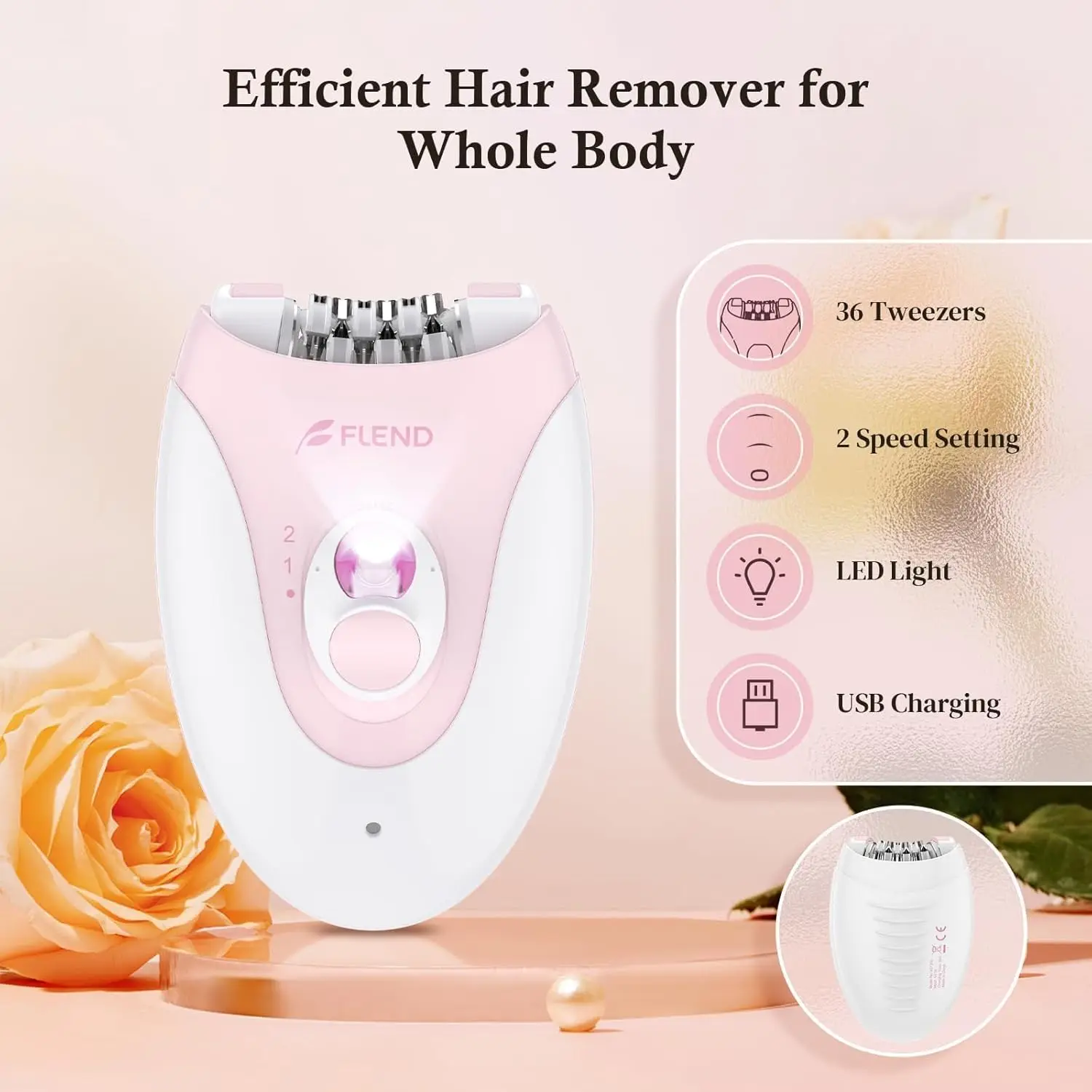 2-Speed Rechargeable Epilator with Massage Pad for Face, Bikini, Arms, Legs – LED Hair Removal Device