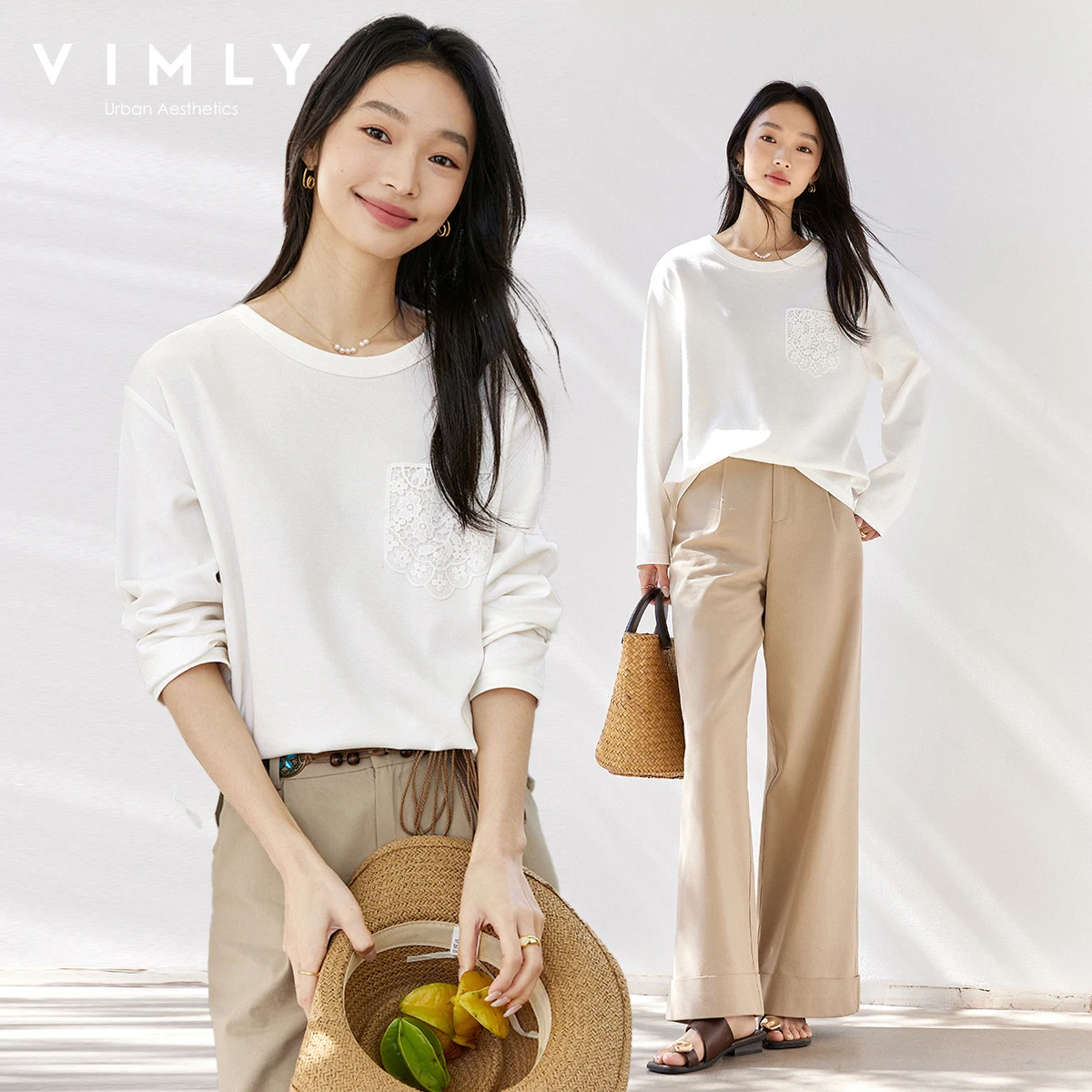 

VIMLY Cotton Woman Solid T-shirts Lace Patch Bag Round Neck Casual Loose Female Tees 2025 Autumn Long Sleeve Ladies Tops A0315
