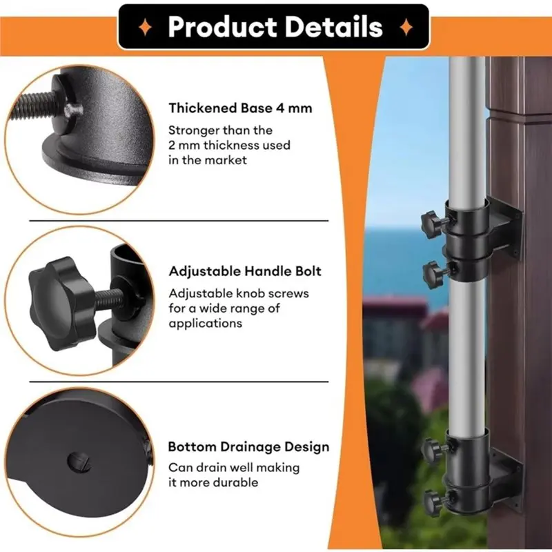 SHGO-Deck For Backyard Umbrella Mount Clamp 2Pcs Railing Stand Parasol Clamp