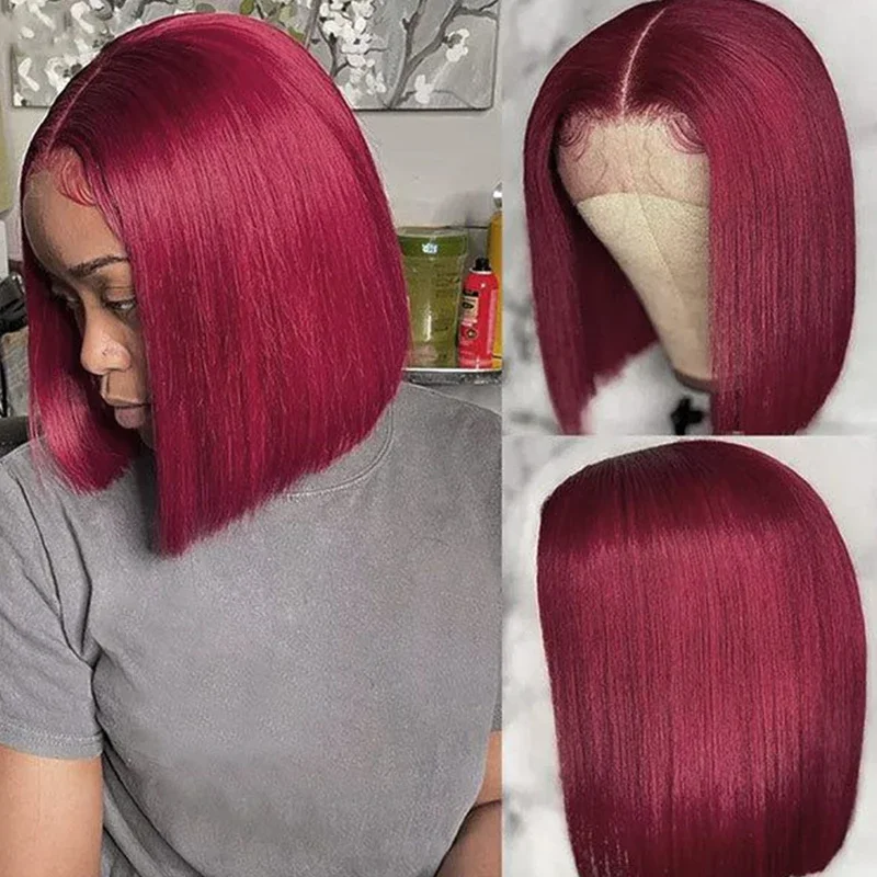 Cabelo humano em linha reta bob perucas de cabelo humano 100% 99j cor borgonha sem cola bob peruca bob brasileiro em linha reta frente do laço humano