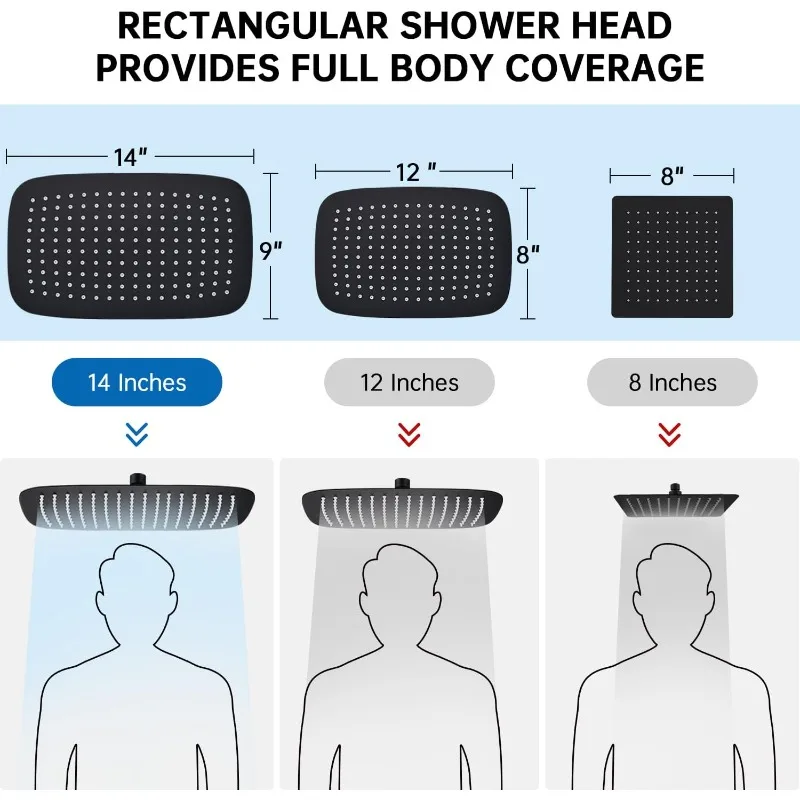 All Metal 14 Inch Shower Head with Massage Mode Handheld,  3-Way Diverter with Pause Setting, 12 Inch Adjustable(Matte Black)