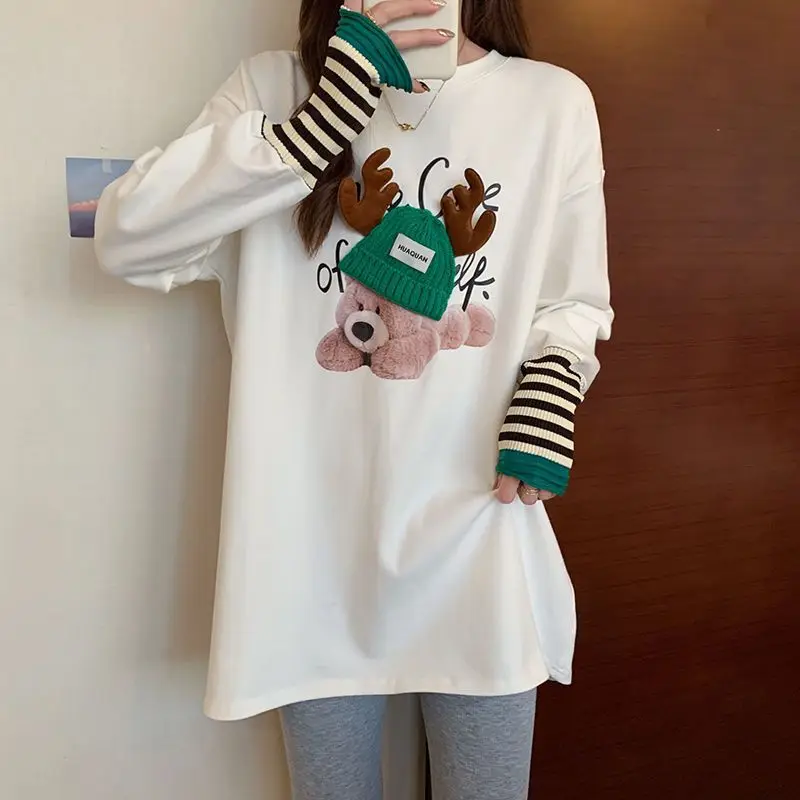 Fashion Printed Spliced Striped Casual T-Shirt Female Clothing 2023 Autumn Winter New Loose Korean Tops Fake Two Piece Tee Shirt