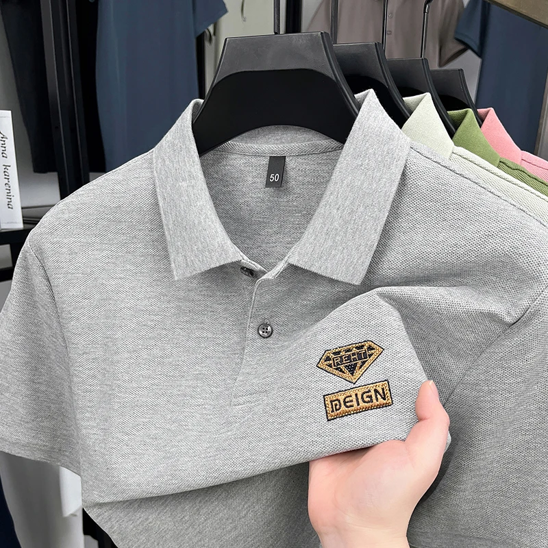 

YEAE Luxury Summer 100% Pure Cotton Men's Short-sleeved Polo Shirt Casual Lapel Breathable Embroidered Top High-end T-shirt