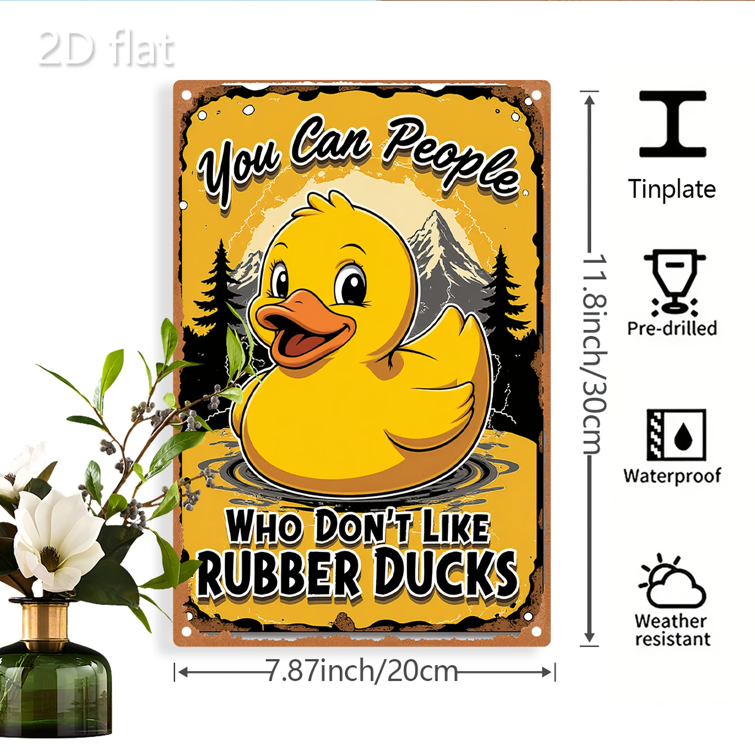 2D Flat - of Vintage Duck Illustration Decorative Sign, Wall Art Hanging Picture, Tinplate Metal Sign Painting