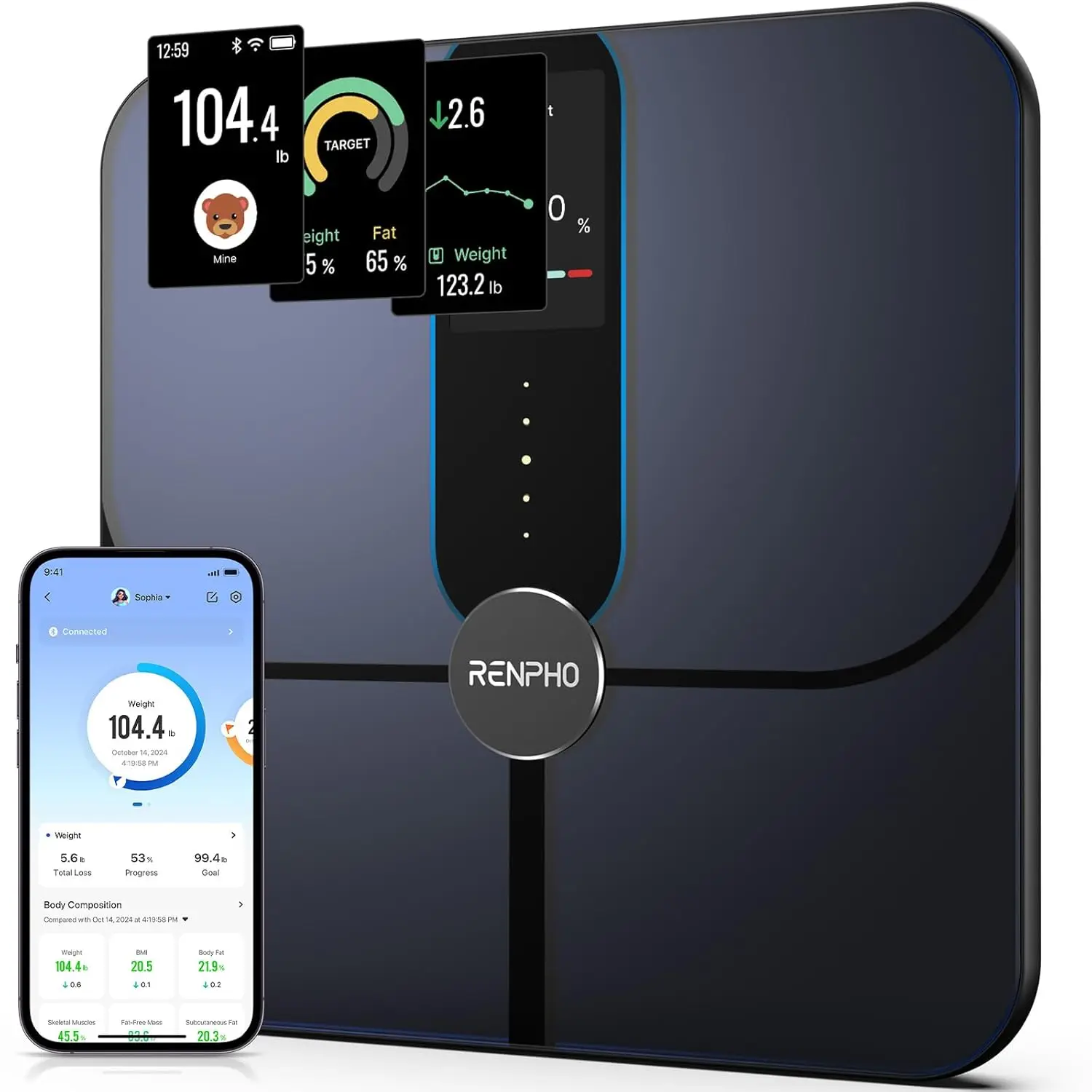 

Умные весы с цветным дисплеем, Wi-Fi и Bluetooth, измеряют вес, жир, ИМТ, мышечную массу, перезаряжаемые.