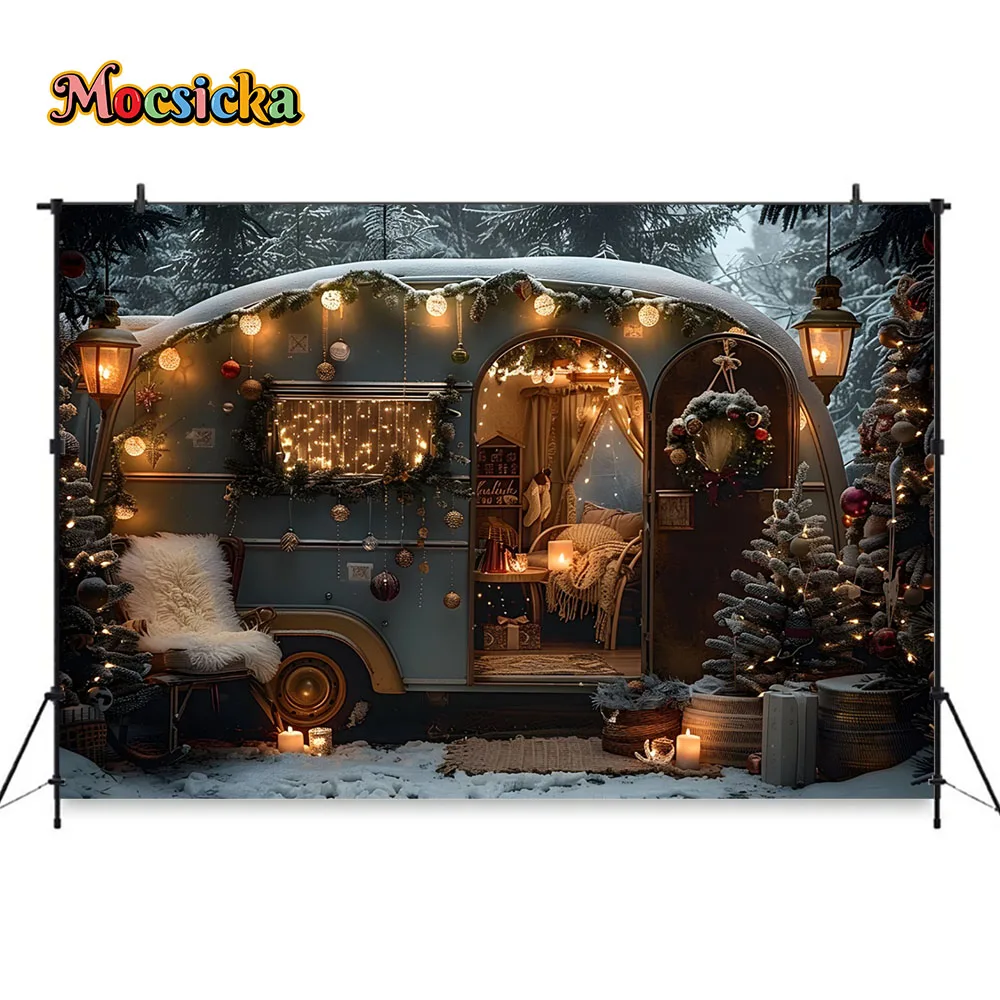 Christmas Background for Studio Photography Winter Snowy Camping Bus Xmas Tree Backdrop Kids Family Photo Street Lights Decor