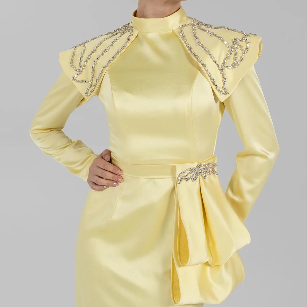Customized Straight Evening Dresses Tea-length High-neck Full Sleeve Prom Gown Fashion Stole Sequined Simple Pleat Party Gown
