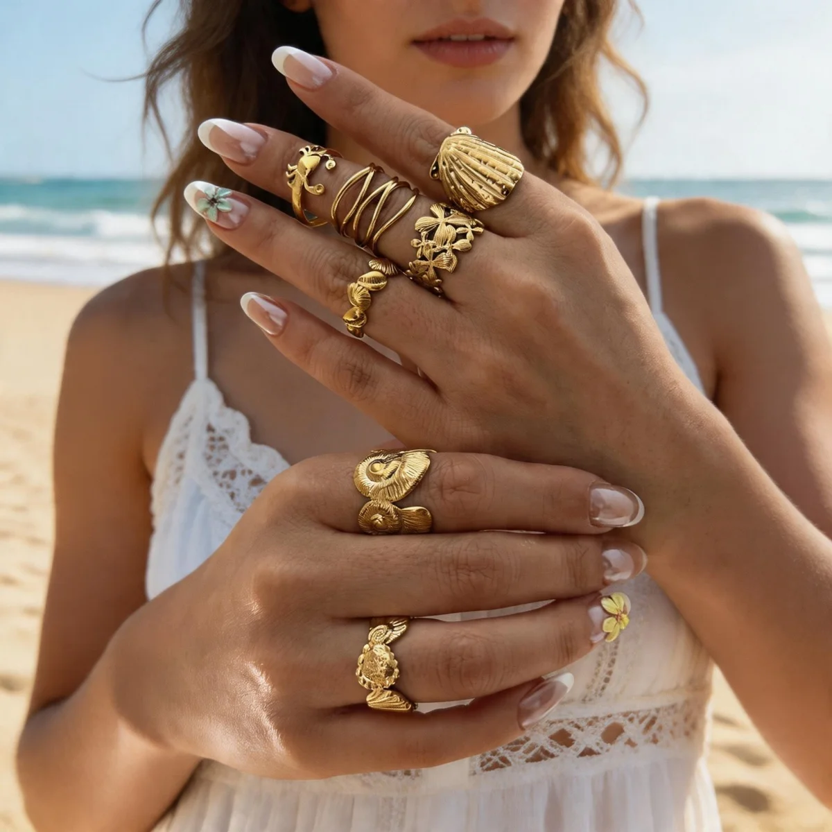 Edelstahlringe mit Muschel-, Krabben- und Blumenmotiven für Damen und Herren, Strand, Schmetterling, geometrischer Ring, Schmuck – Detail 10