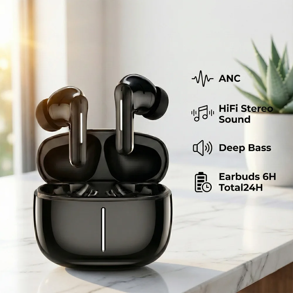 

Wireless ANC Earbuds Active Noise Cancelling Bluetooth Headphones Hi-Fi Stereo 24H Playtime Low Latency Mic for Sports Running