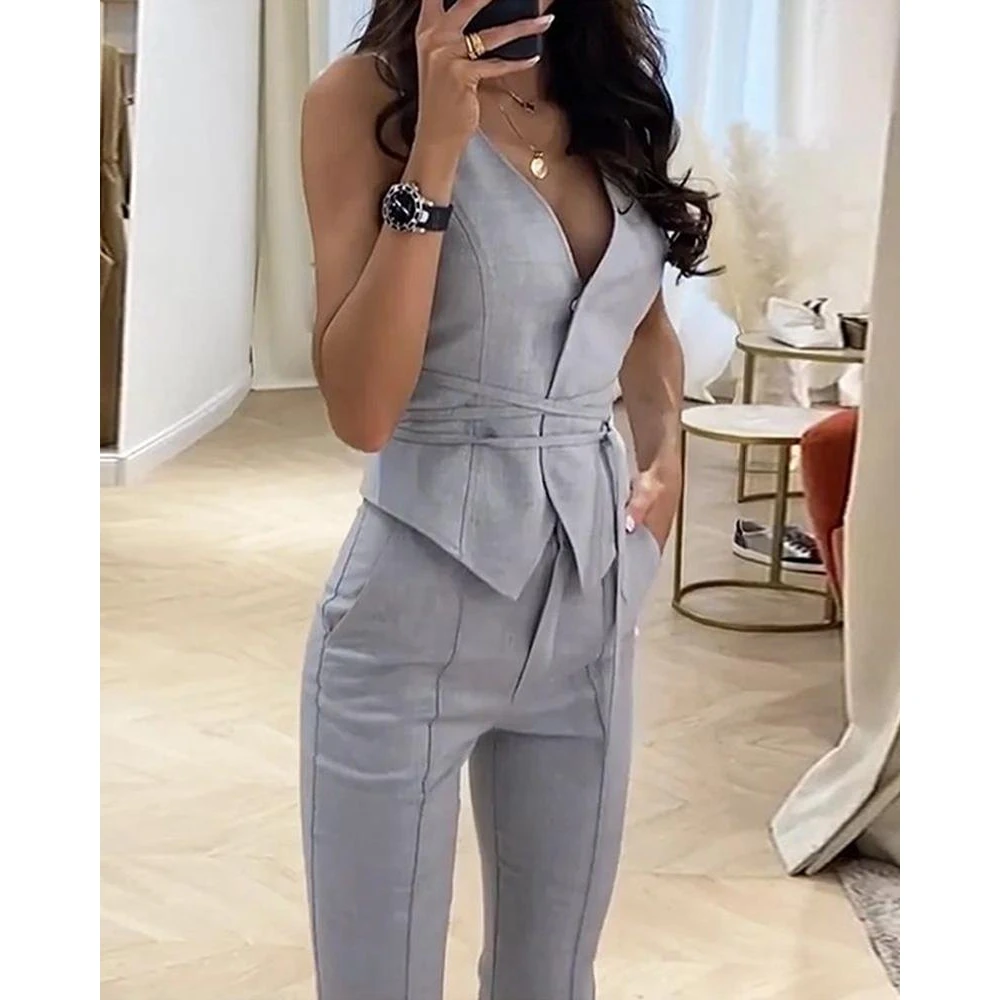 

Women Casual Plain Blazer Vest & Work Pants Set Formal Sleeveless OL Style 2 Pieces Set Bussiness Office Lady Suit Sets Workwear