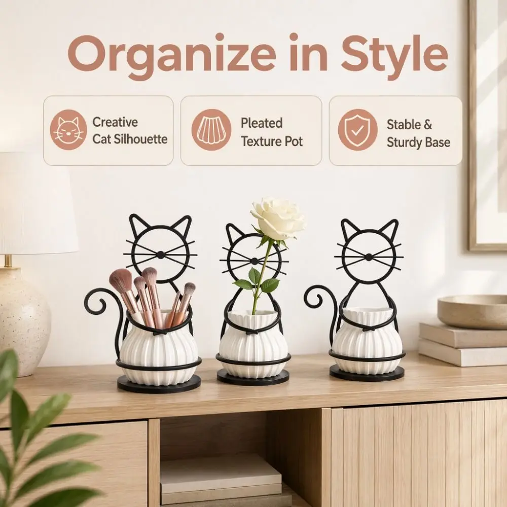 3D Printed Cat Shaped Vase Multi-functional Creative Metal Stand Flowerpot Home Decor Ornaments Pencil Holder Home Decor