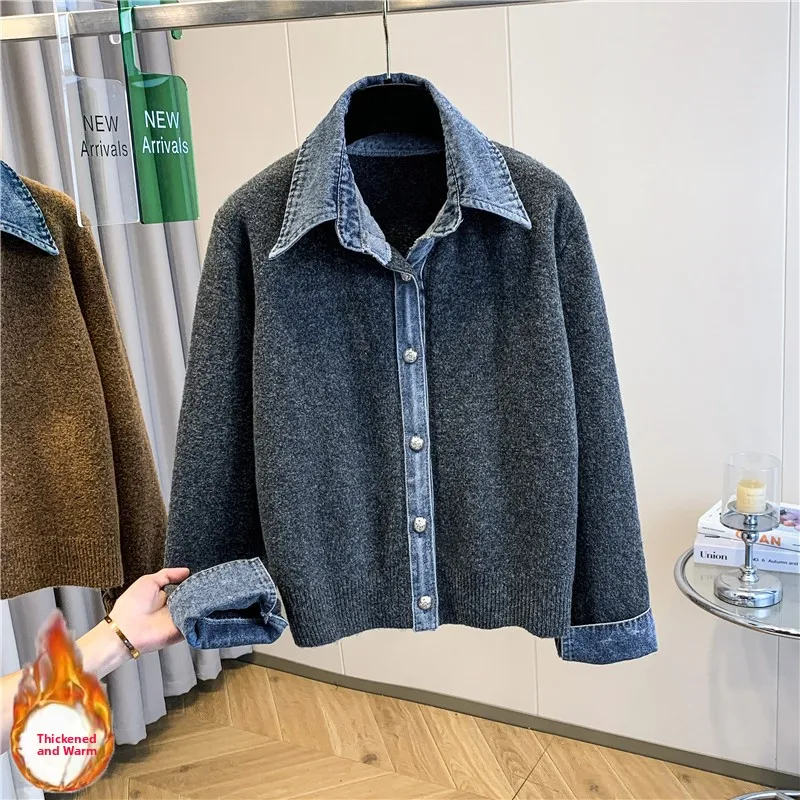 

Slimming plus Size Women's Knitwear Jaet Denim Patchwork Long Sve Versatile Autumn Winter Faion Commute Sle Button C...