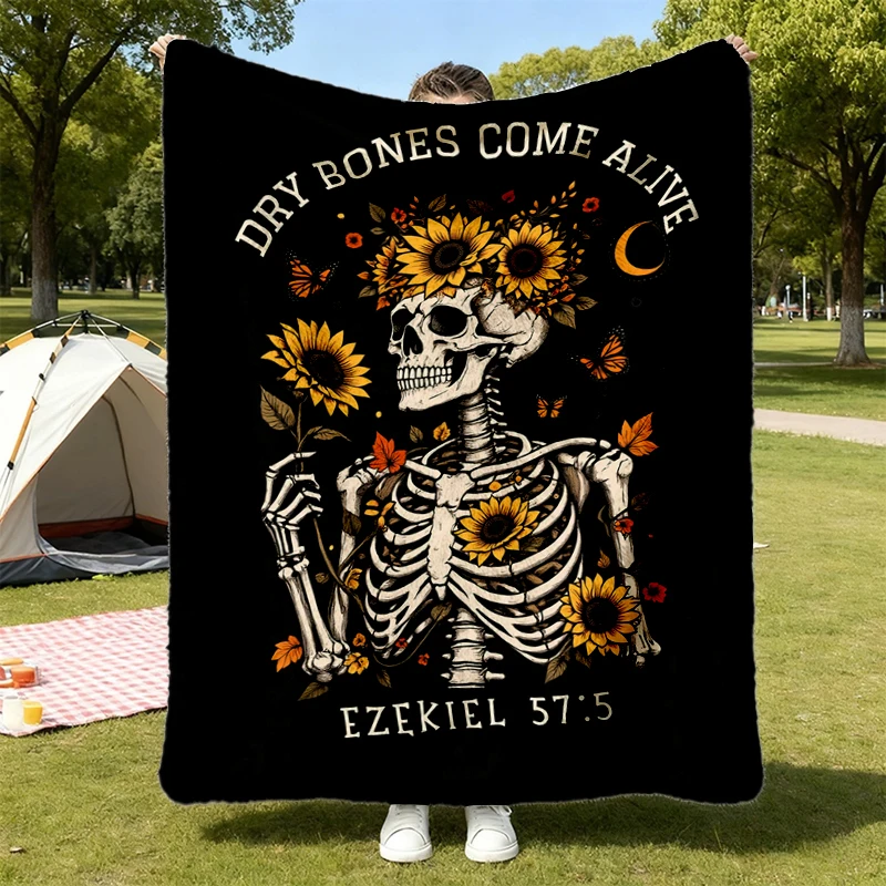 Christian Skeleton Flannel Blanket, Dry Bones Come Alive Ezekiel 37 5 Flannel Throw, Floral Bible Verse Cozy Blanket