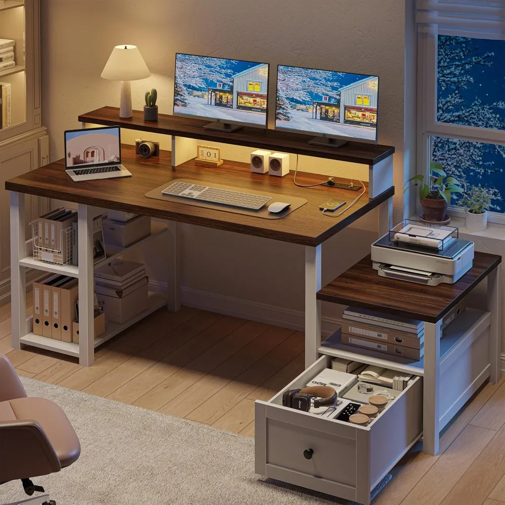 

63" Farmhouse Style Computer Desk with Drawers and LED Lights, Storage Shelves and Power Outlets, Home Office Desks