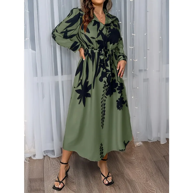 Plus Size 1XL-5XL Summer Dress Women Flower Floral Print Fashion Elegant Ladies Dresses Slim High Waist Dress