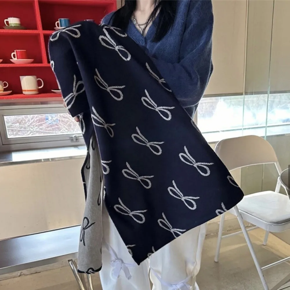

Trendy Lightweight Bow Scarf Korean Style Windproof Imitation Wool Scarf Warm Two-sided Winter Shawl Unisex