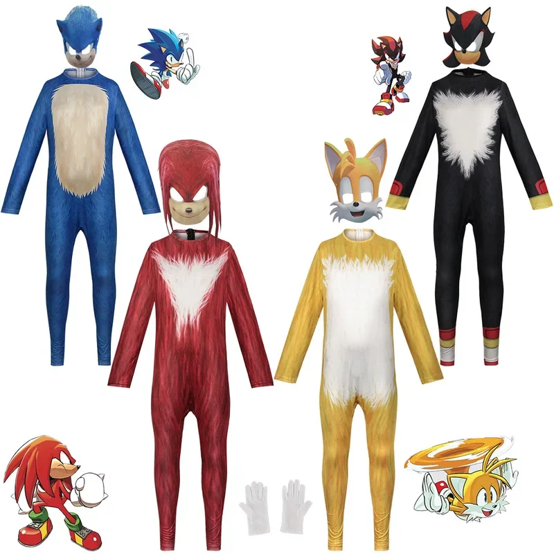 Anime Game Sonic Blue Red Black Shadow Hedge Jumpsuit Hog with Headgear Mask Cosplay Costumes for Kids Carnival Clothes