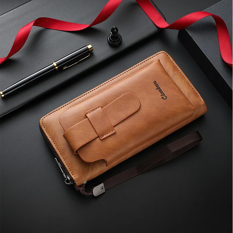 PU leather men's long-style wallet, business casual handbag with multiple card slots, large capacity portable phone bag