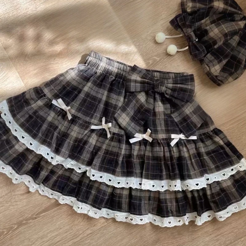 الخريف الكورية خمر منقوشة كعكة قميص حار فتاة Harajuku الحلو Y2k اليابانية لوليتا نمط الدانتيل تصميم تنورة صغيرة ملابس امرأة #4