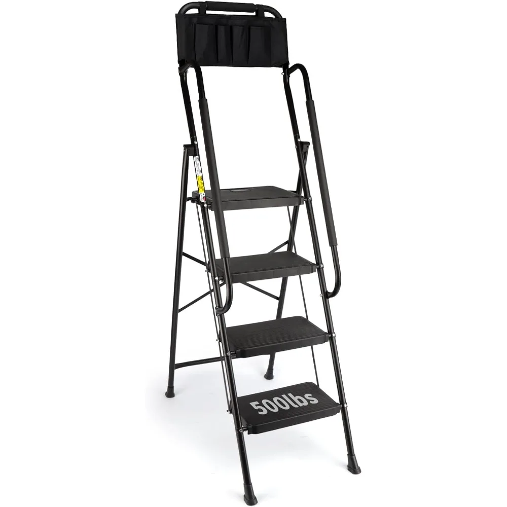 

4 Step Ladder with Handrails,500 Lbs Capacity,Folding Step Stool Ladder with Attachable Tool Bag,Lightweight & Storage Step Lad