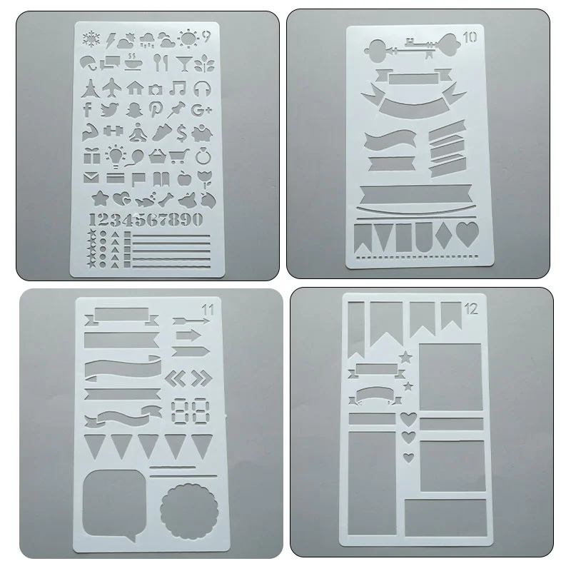 12개 플래너 DIY 드로잉 스텐실 세트 저널 노트북 스크랩북 템플릿